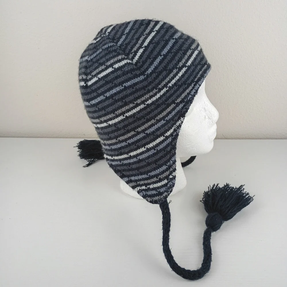 Columbia Youth Omni-Heat Striped Earflap Beanie Hat Grey Black Tassel OS
